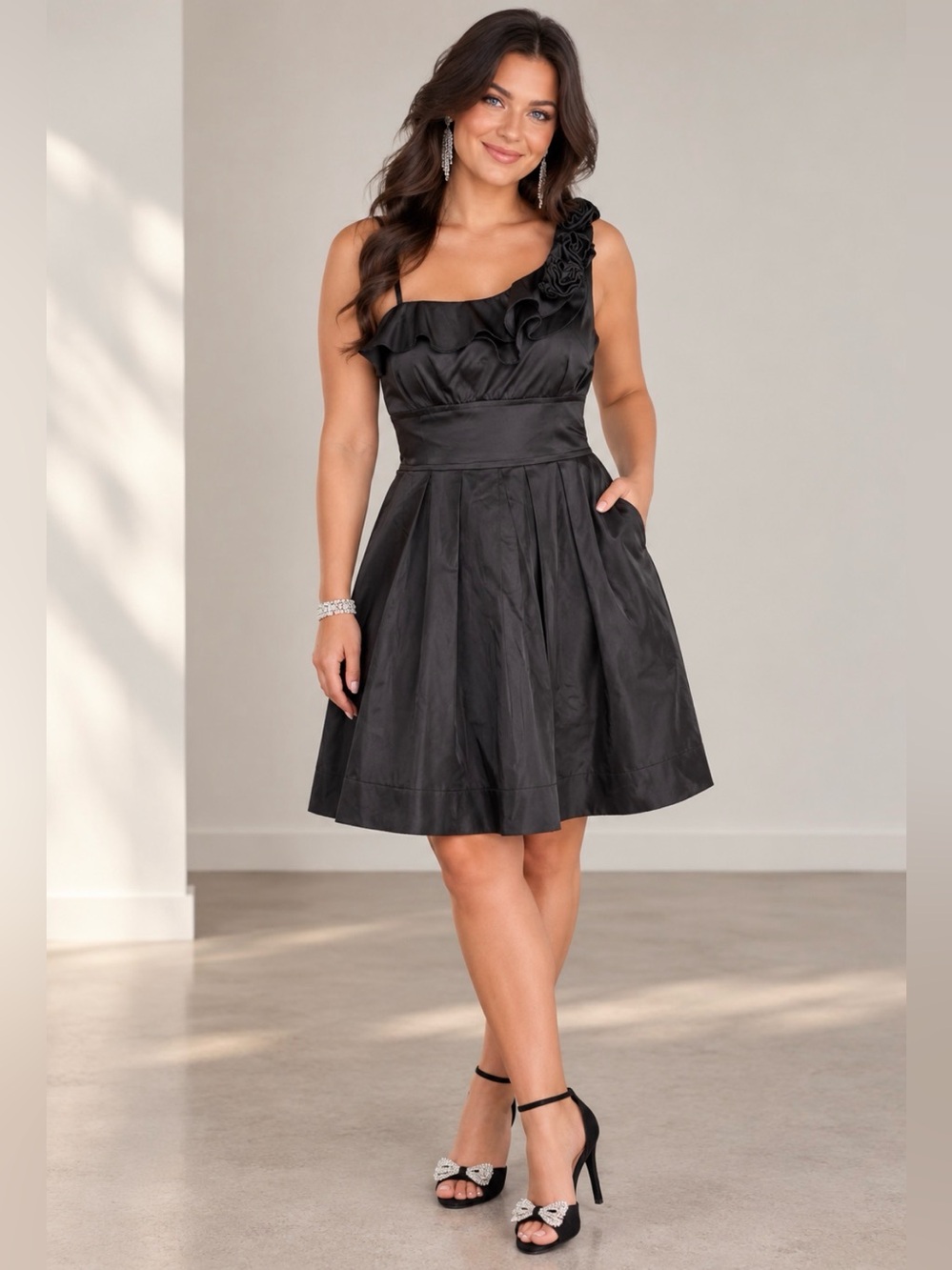 Charlotte Russe Dress Black Asymmetrical Size 7/8 Neckline Ruffles & Rosettes